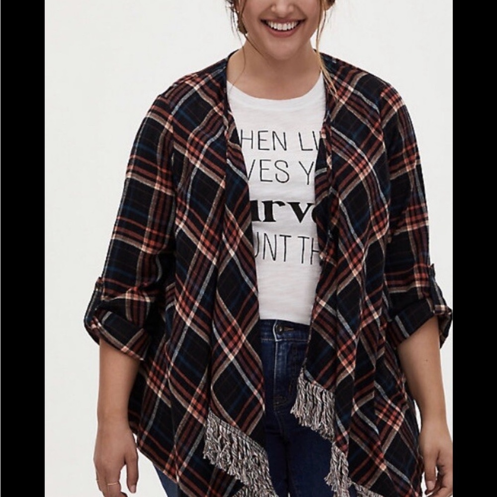 Torrid Plaid Fringe Cardigan - Red and Blue